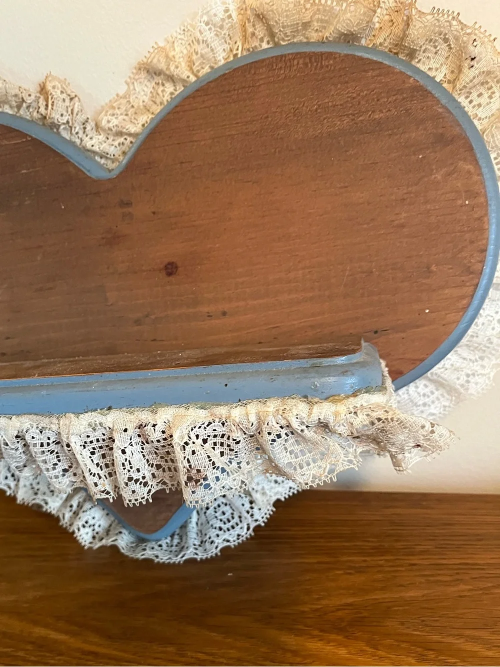 Wooden Heart Shape Shelf with Blue Trim and White Lace